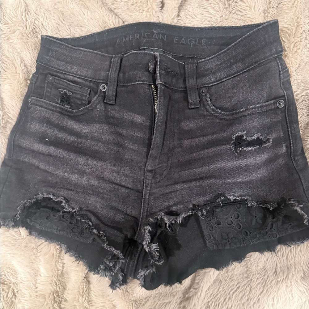 American Eagle Outfitters Black Distressed Lace-Trim High-Rise Jean Shorts